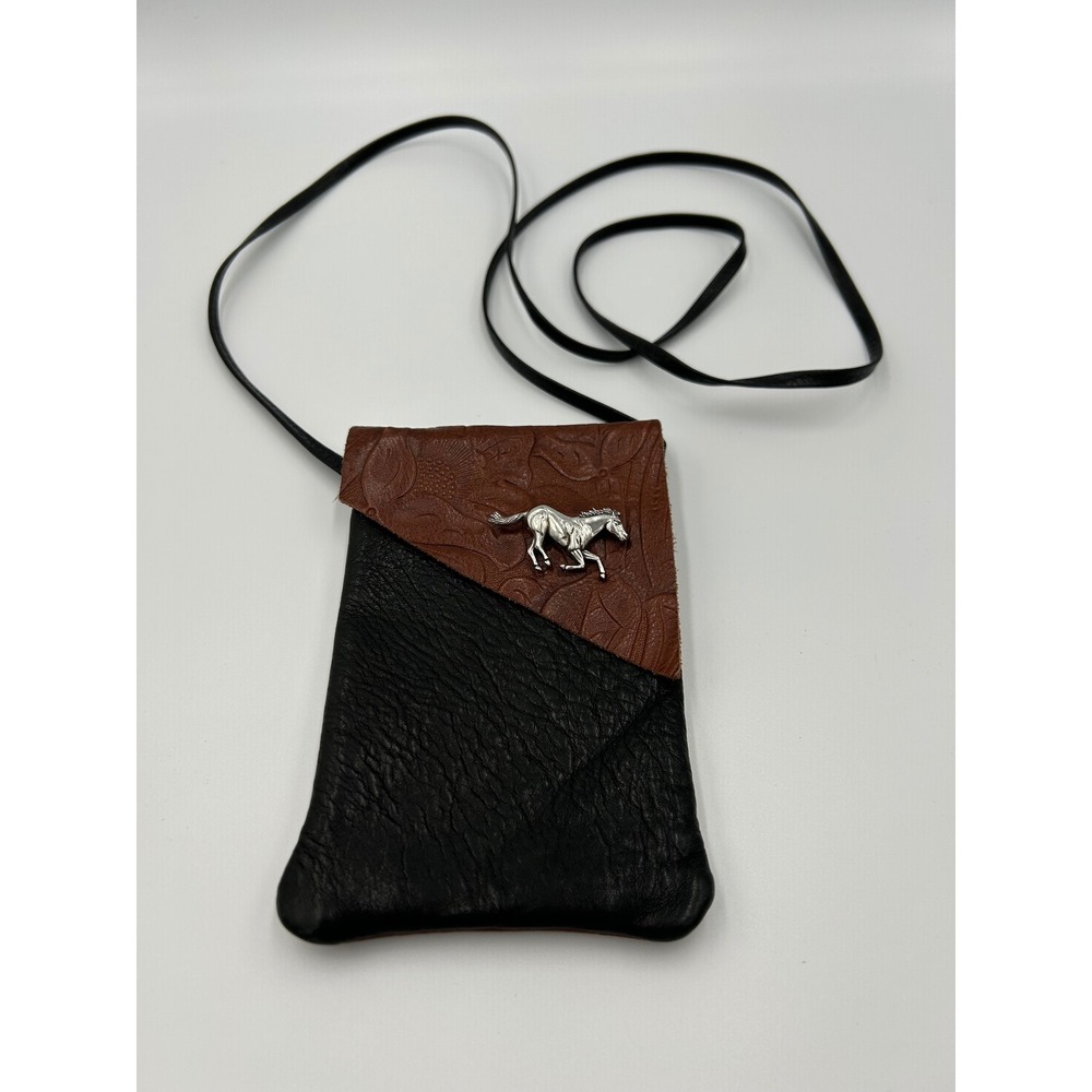 Western Tooled Leather Horse Crossbody Phone Pouch Bag Black Brown Silver Emblem